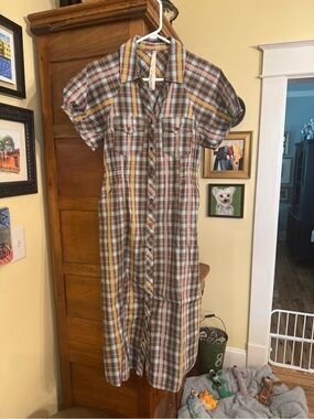 Uncle Frank Brown, Cream & Yellow Plaid Midi Shirt Dress